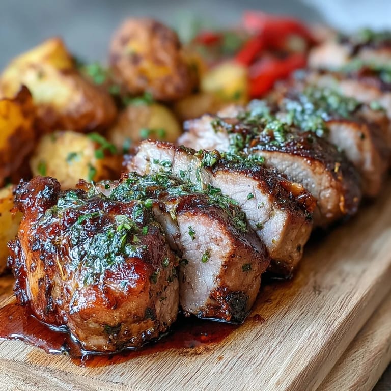 Sizzling Marinated Ibérico Pork Fillet With Roast Potatoes and Red Peppers searing in a skillet, herbs and oil bubbling as the rustic Spanish-inspired dinner cooks.