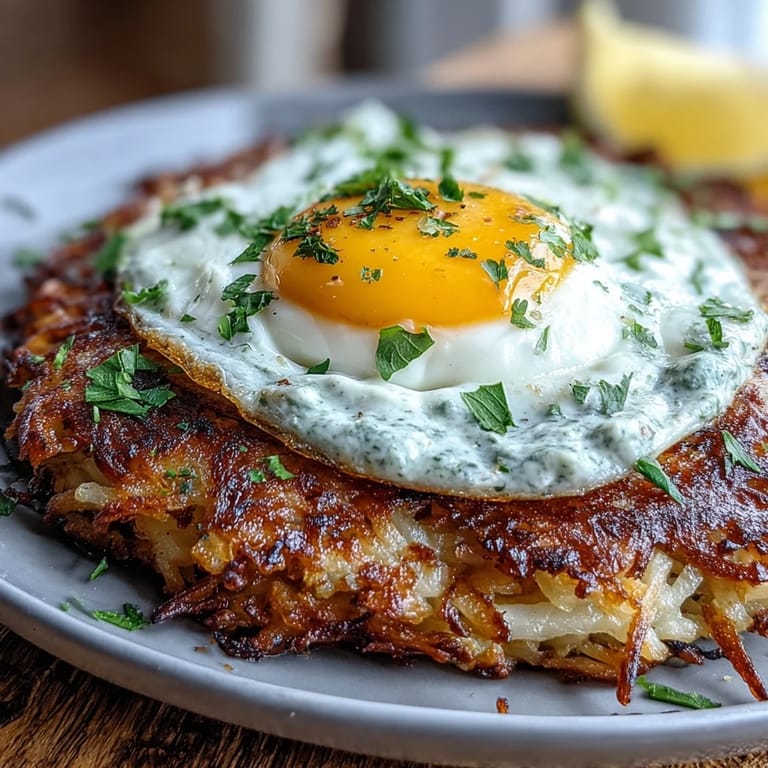 Golden-brown celeriac rösti served with vibrant harissa yogurt and a runny fried egg for brunch.