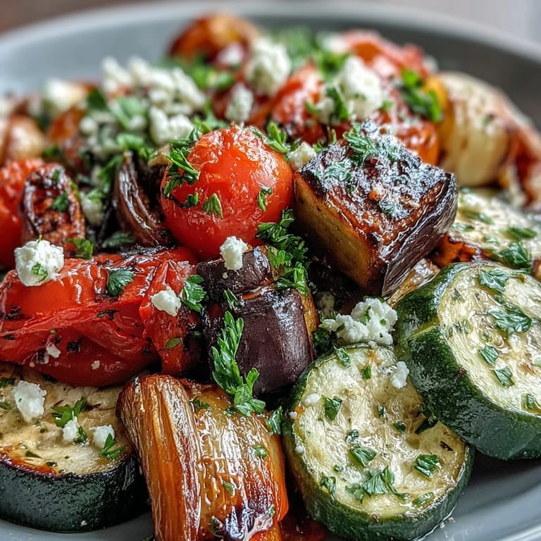 Colorful golden-brown vegetables from this Roasted Mediterranean Greek Vegetables recipe, garnished with Kalamata olives and a bright squeeze of lemon juice.