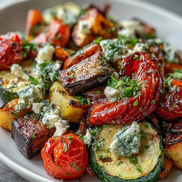 Juicy roasted cherry tomatoes and bell peppers in this Roasted Mediterranean Greek Vegetables dish, served warm as a healthy vegetarian dinner side.