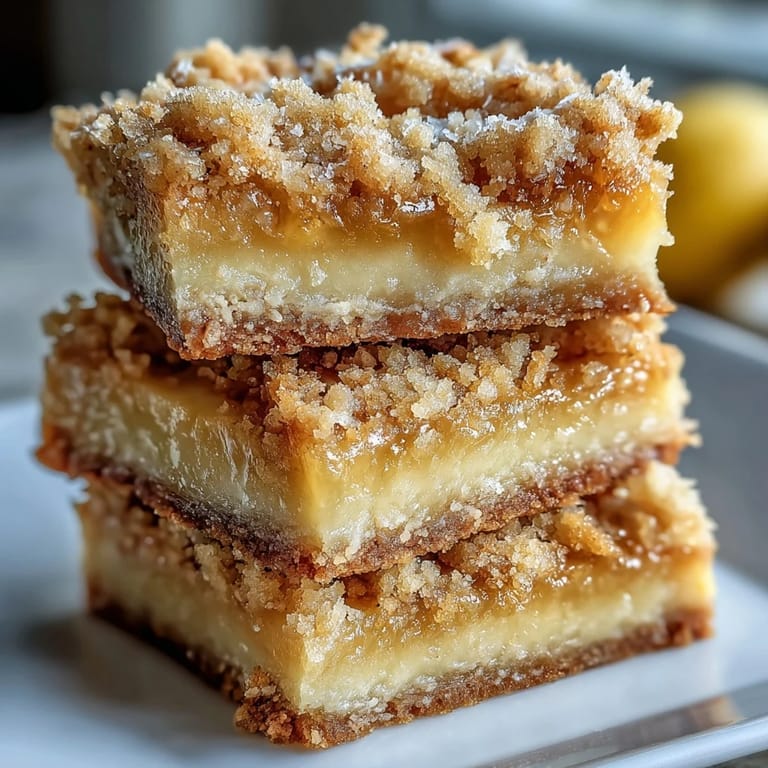 Homemade Lemon Crumb Bars are cut into squares, revealing a tender, zesty filling and buttery base.