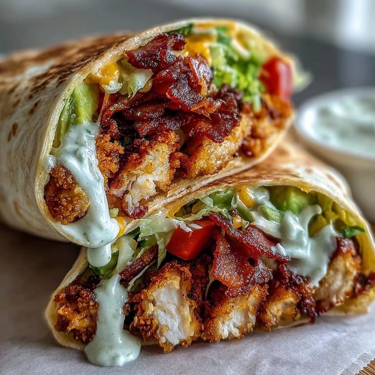 Freshly prepared handheld chicken wrap featuring golden seared chicken, crunchy bacon, crisp iceberg lettuce, and melted cheddar cheese on a soft, toasted tortilla.