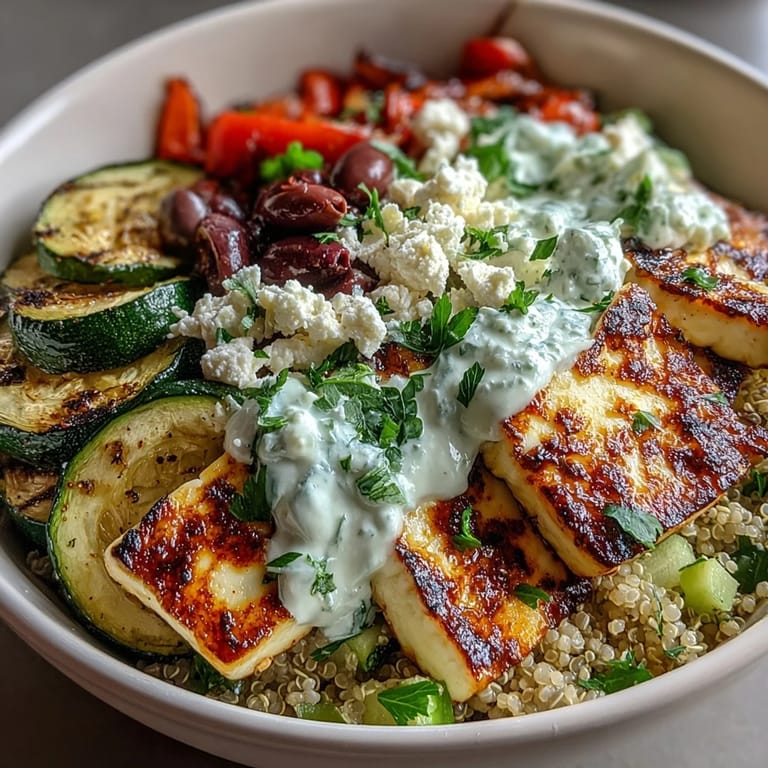 A vibrant, gluten-free Healthy Grilled Mediterranean Bowl featuring smoky grilled vegetables, chickpeas, olives, and feta for a fresh dinner.
