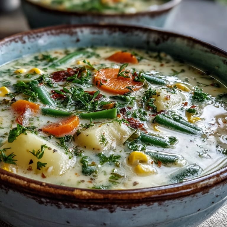 Creamy Amish Snow Day Soup with vegetables and herbs served in a rustic bowl.
