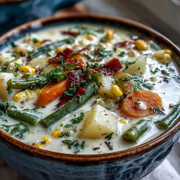 Steaming Amish Snow Day Soup features potatoes, carrots, and green beans in a velvety broth.