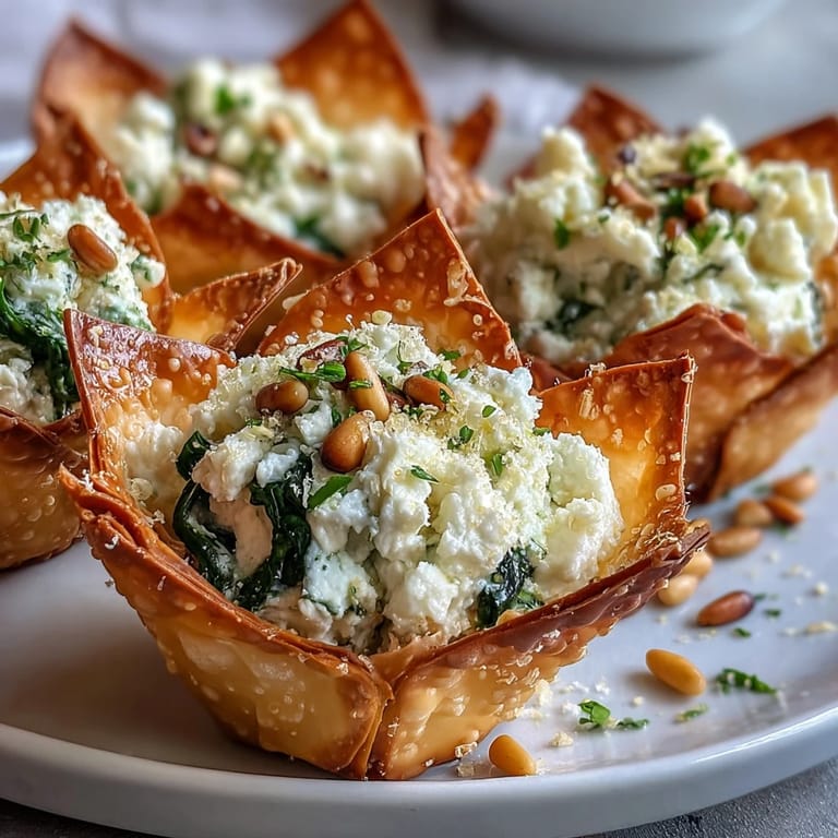 Appetizer platter of warm Mediterranean Spinach and Feta Cheese Crisps topped with toasted sesame seeds and herbs.