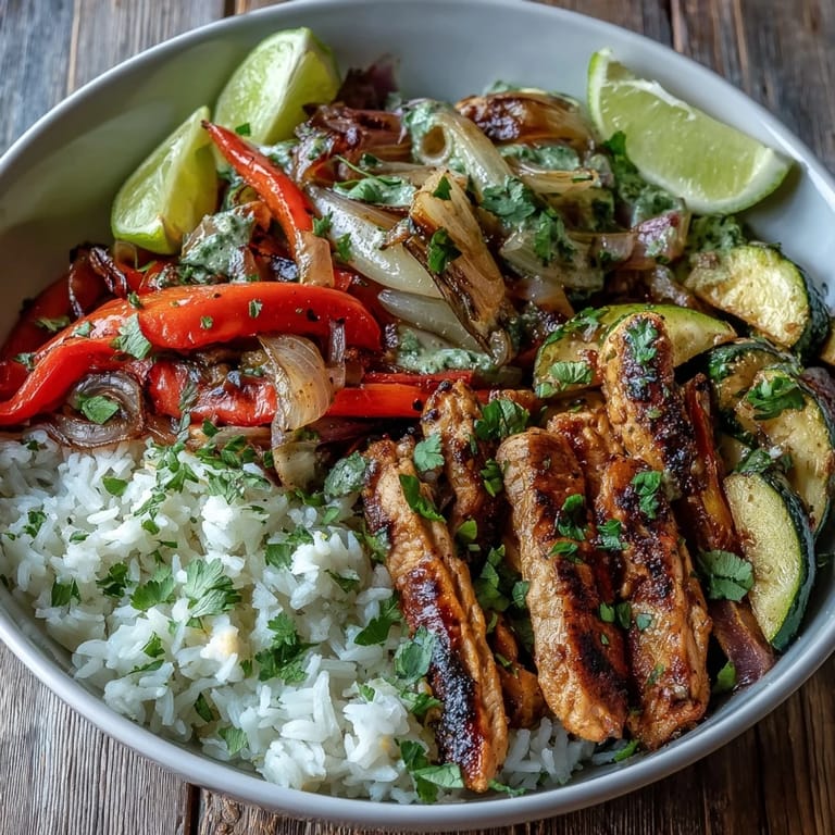 A close-up of a vibrant Sheet Pan Fajita Bowl garnished with fresh cilantro, creamy avocado slices, and a squeeze of lime.
