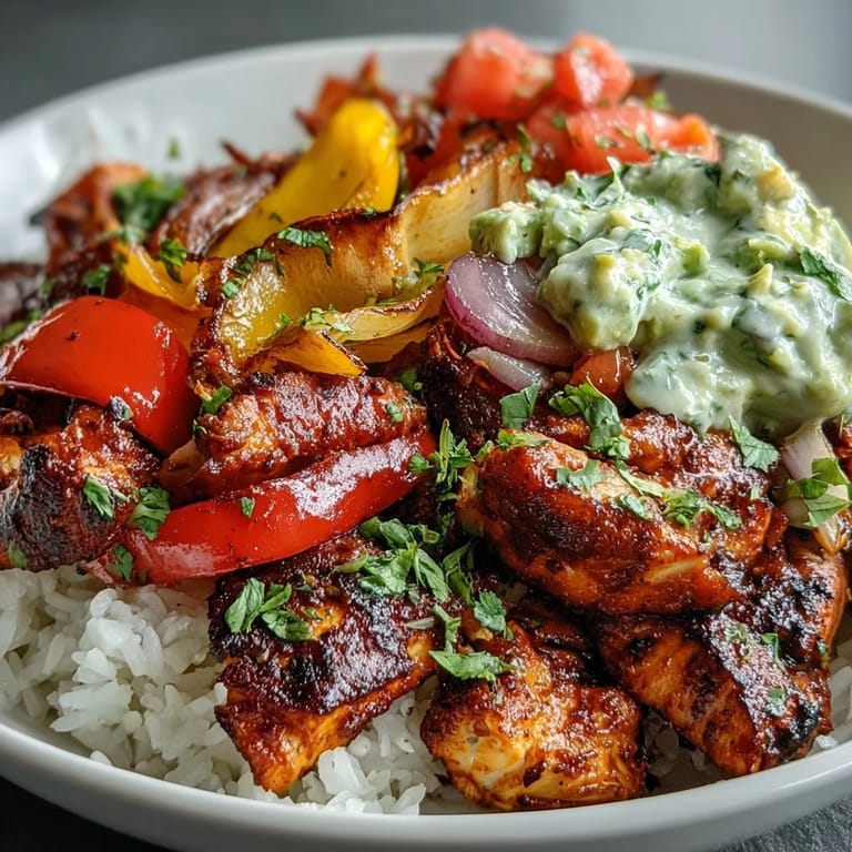Close-up of Sheet Pan Chicken Tinga Bowl showing smoky chipotle-spiced chicken and vibrant veggies over rice, topped with fresh avocado salsa.