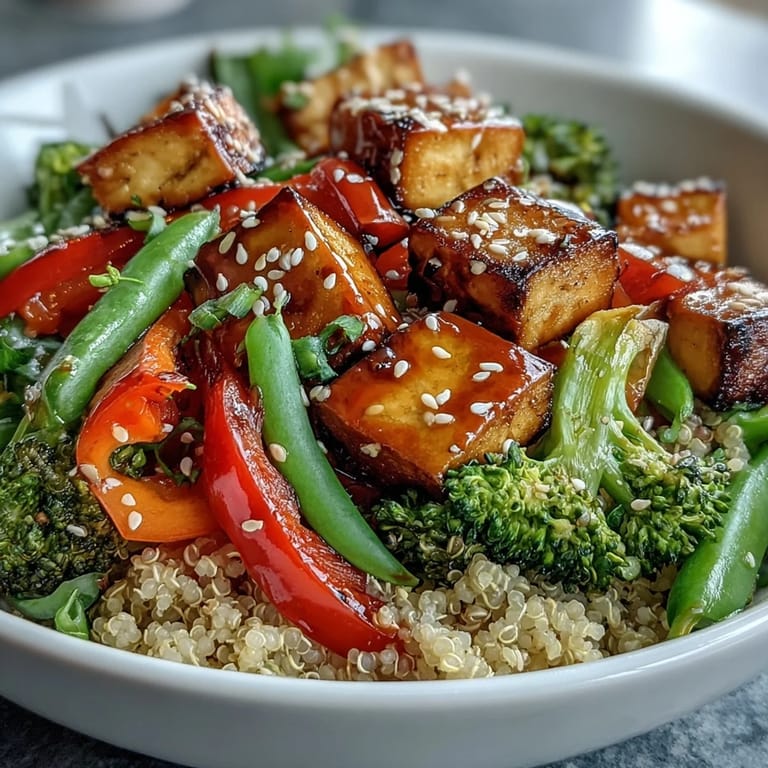 A healthy bowl featuring golden tofu cubes and crisp snap peas, served over quinoa and drizzled with savory homemade teriyaki.