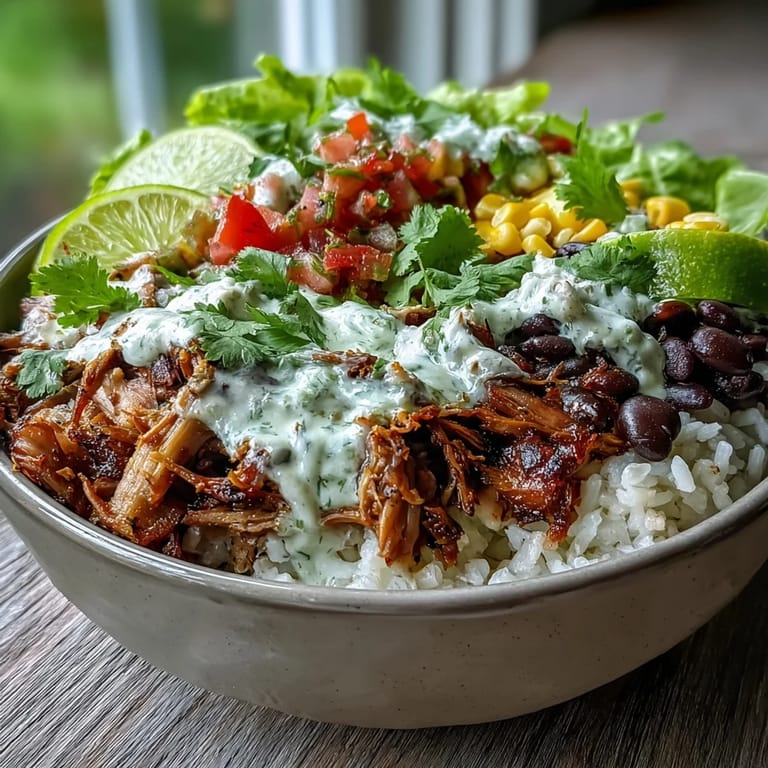 Fresh, vibrant Carnitas Burrito Bowl featuring tender pork, crisp romaine, and juicy salsa, ready to serve.