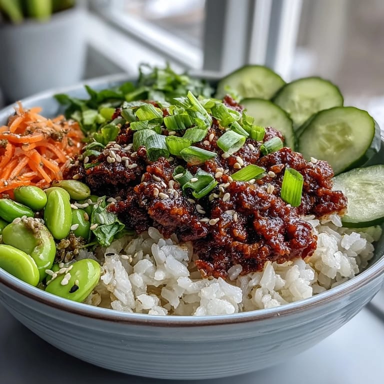 An overhead view of a colorful Korean Ground Beef Bowl featuring seasoned ground beef, crisp vegetables, and chopped kimchi arranged over fluffy white rice.