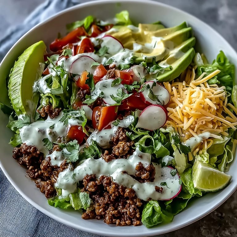 A bowl of Healthy Taco Bowl topped with avocado, cheese, and zesty crema.