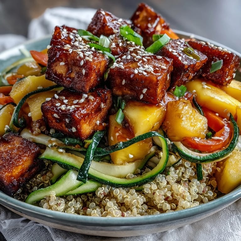 A close-up of the healthy Easy Teriyaki Quinoa Bowl reveals golden tofu, sweet mango cubes, and a glossy gluten-free teriyaki drizzle.