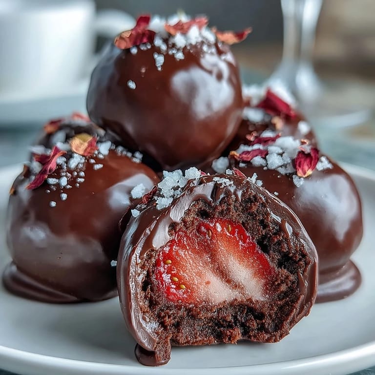 Decadent strawberry and almond flour truffles dipped in glossy dark chocolate, finished with pistachios and rose petals.