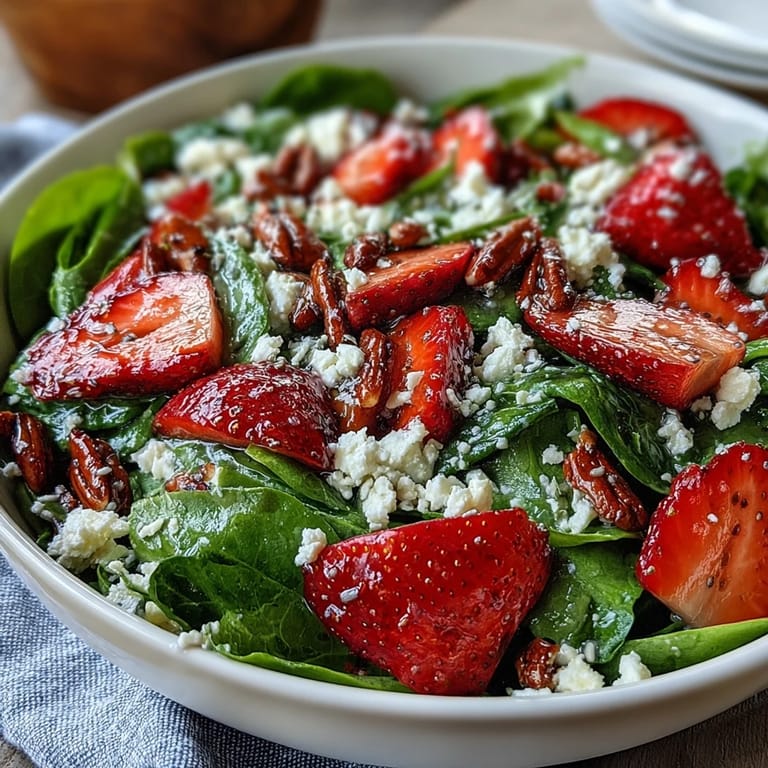 Strawberry spinach salad with poppyseed dressing, a refreshing spring dish with sweet strawberries, tender spinach, and crunchy nuts, perfect for light lunches.