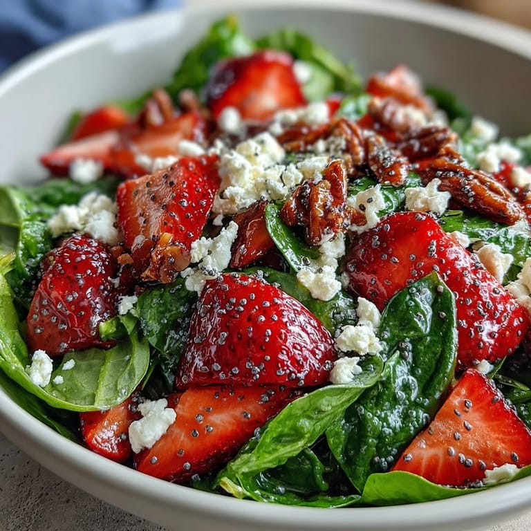 Close-up of strawberry spinach salad with poppyseed dressing, featuring juicy berries, toasted almonds, and tangy feta in a large wooden bowl.  