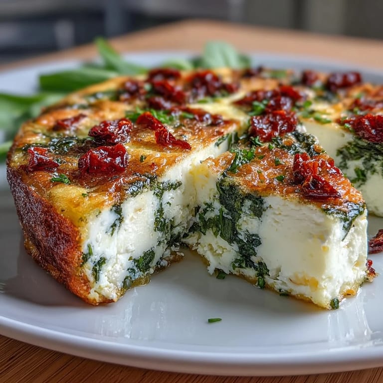 Savory baked frittata featuring tender spinach, tangy feta, and sweet sun-dried tomatoes, ideal for easy entertaining.  