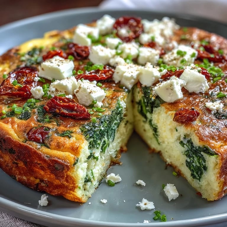 Golden oven-baked spinach and feta frittata with sun-dried tomatoes, a satisfying vegetarian main dish for any meal.