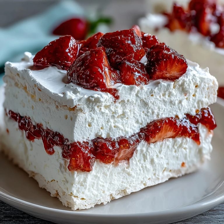 Elegant Strawberry Pavlova with Whipped Cream: golden-brown meringue shell topped with fluffy whipped cream and vibrant red strawberries, perfect for special occasions.