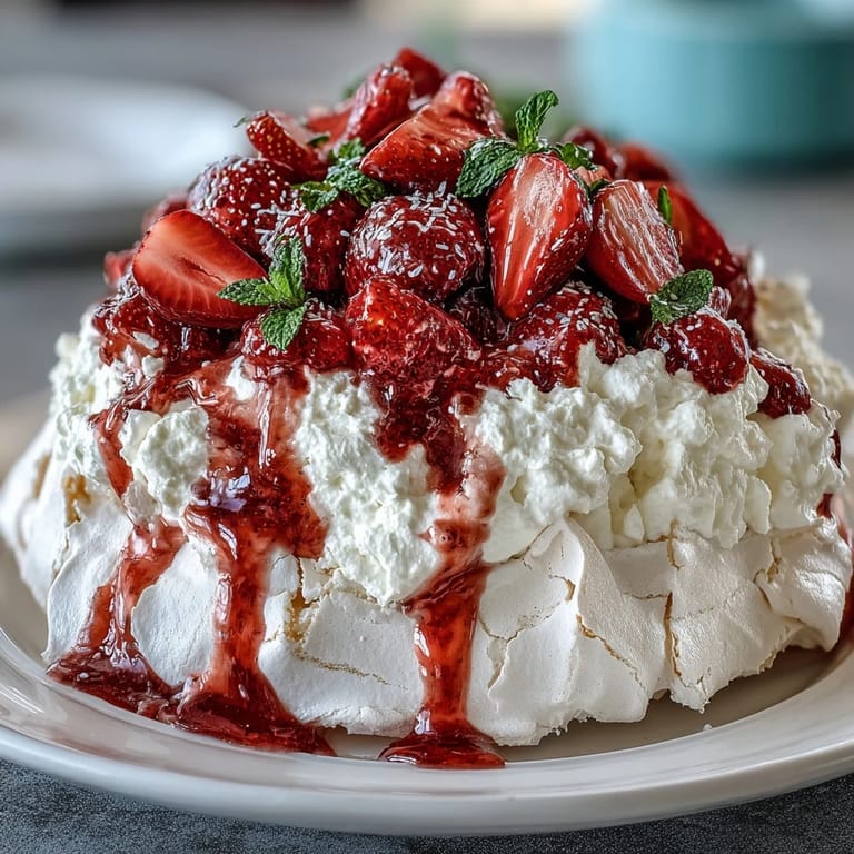 Classic Strawberry Pavlova with Whipped Cream: light and airy dessert featuring a delicate meringue crust, smooth vanilla cream, and ripe strawberry topping for a perfect sweet treat.