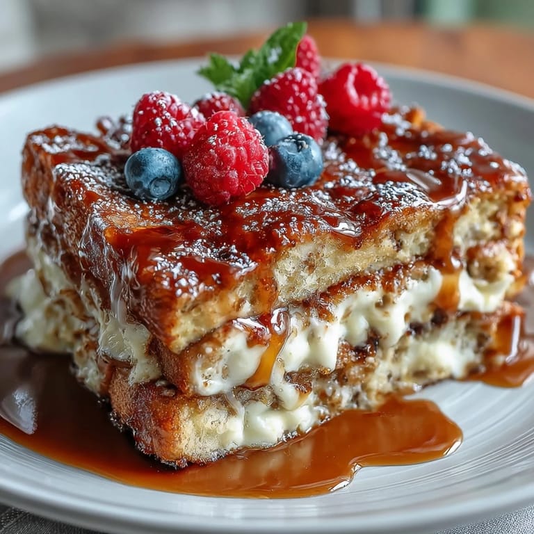 Fluffy pancake layers topped with juicy mixed berries and a rich vanilla custard, baked until golden and inviting.