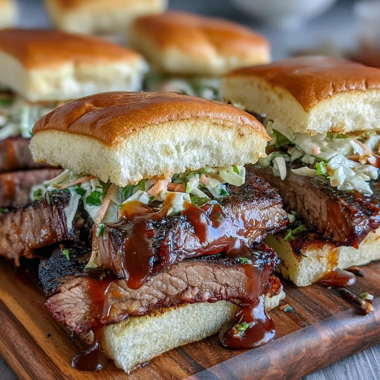 Slow-roasted brisket piled high on slider buns, topped with zesty BBQ sauce and crisp cabbage slaw—perfect party food.