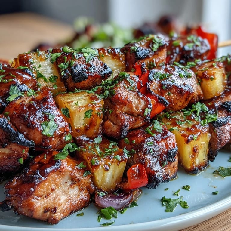 Vibrant Grilled Pineapple Chicken Skewers with smoky grilled chicken, sweet pineapple, and colorful bell peppers.