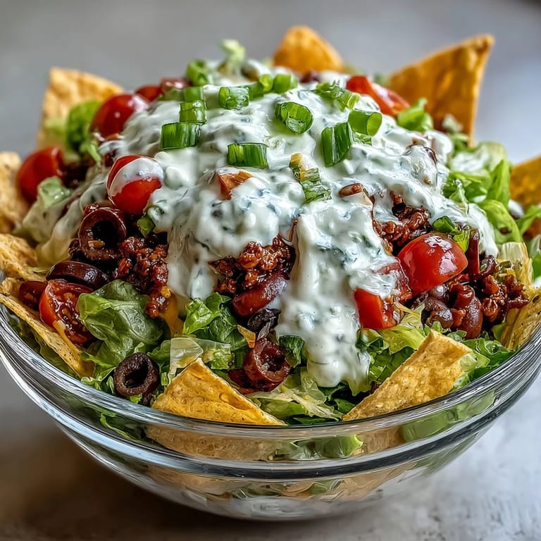 A close-up of a layered Taco Dip Cup with a tortilla chip on top.
