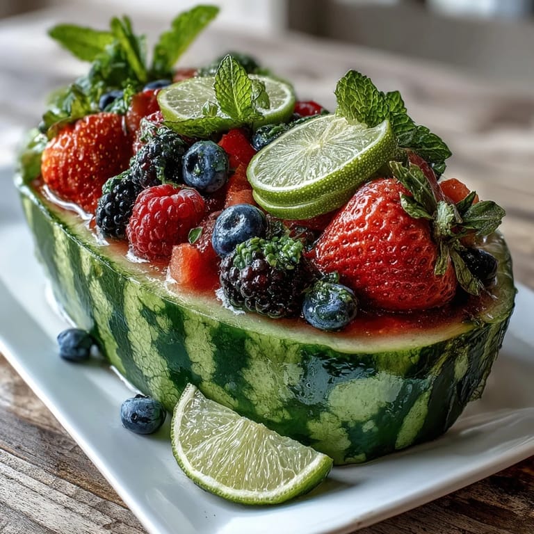 Vibrant watermelon carving board overflowing with fresh berries, mint leaves, and lime slices for a refreshing party centerpiece.