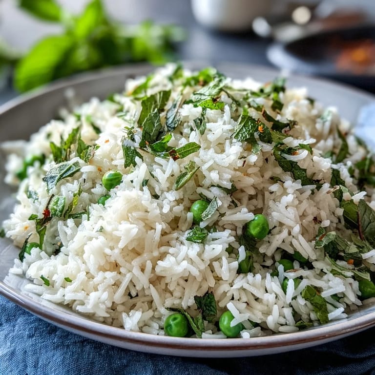 Bright and aromatic spring pea and mint rice pilaf, featuring vibrant green peas and fresh herbs in every bite.