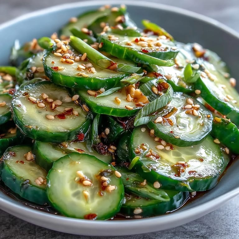 Cool Asian cucumber salad with sesame and rice vinegar dressing, ideal for complementing spicy Asian-inspired main courses.
