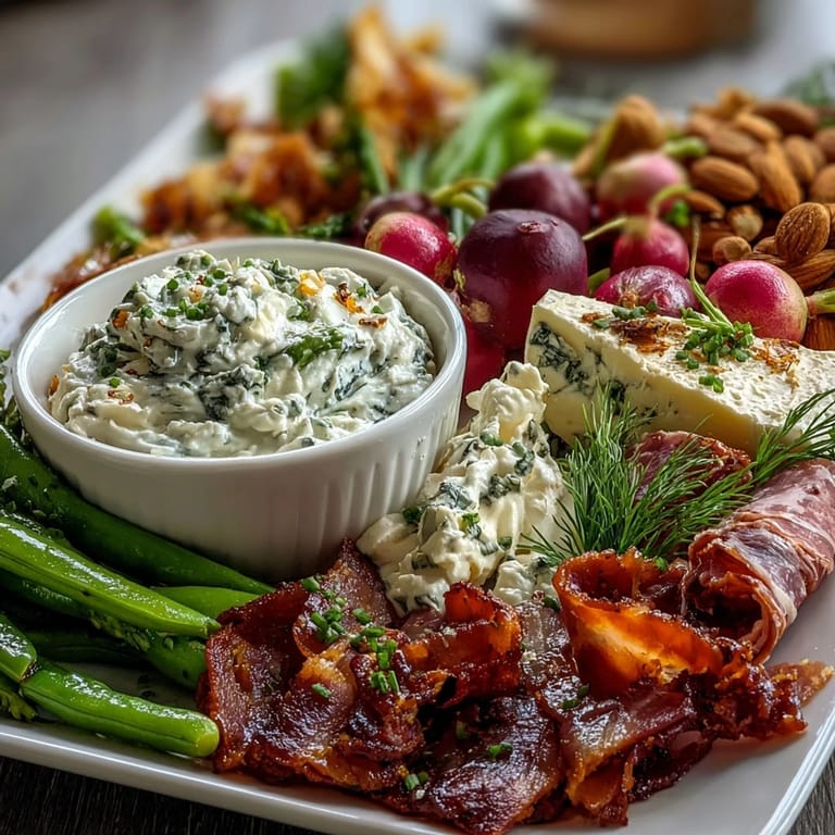 Vibrant spring charcuterie board with radishes, peas, and herb dip, perfect for light entertaining or garden parties.