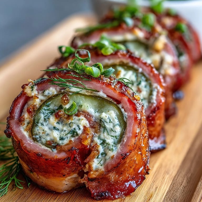Creamy ham and pickle pinwheels arranged on a serving tray, showcasing savory layers of cheese and tangy pickle filling.