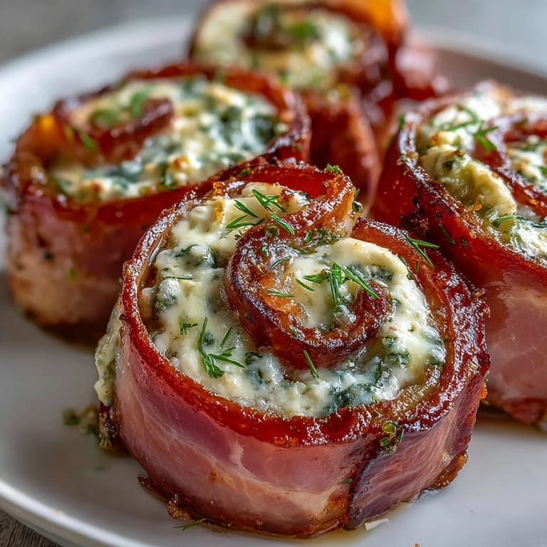Close-up of ham, cream cheese, and pickle pinwheels garnished with fresh dill, perfect for easy party snacking.