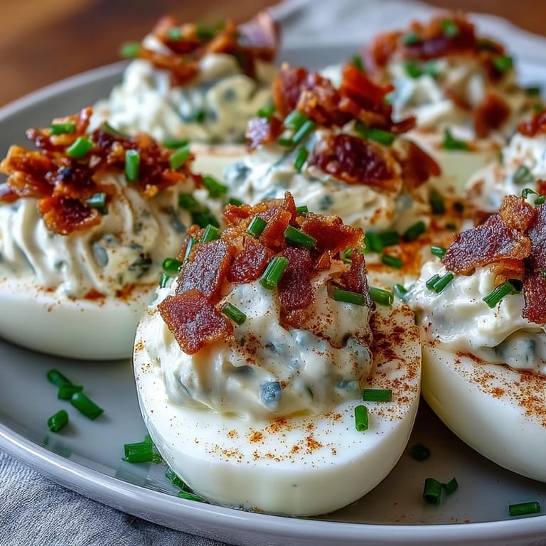 Creamy deviled eggs filled with ranch dressing and topped with crumbled bacon, a savory twist on a classic appetizer.