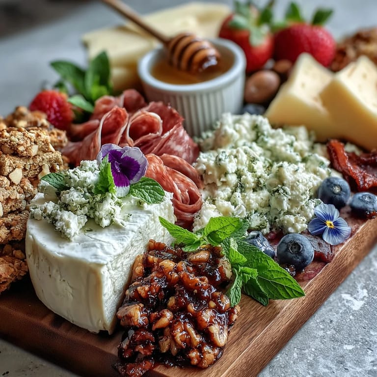 Beautifully arranged charcuterie board with edible flowers, fresh berries, nuts, and cured meats, showcasing seasonal freshness.