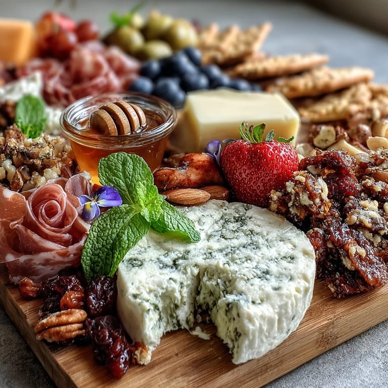 Elegant charcuterie board featuring edible flowers, colorful fruits, cured meats, and cheeses, ideal for spring entertaining.