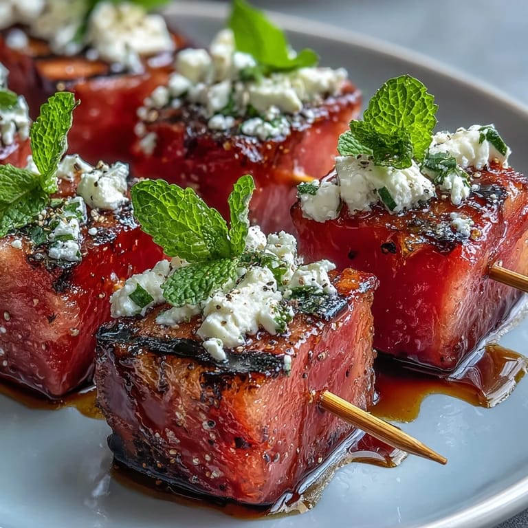 Chilled watermelon and feta skewers with mint, drizzled in balsamic glaze for a sweet-savory, easy vegetarian appetizer.