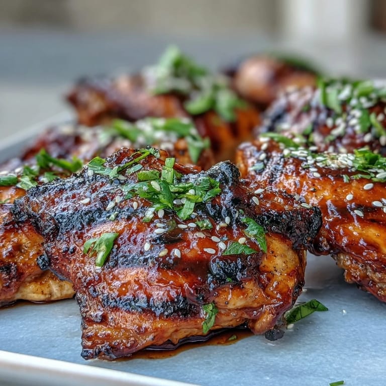 Tender Honey Sriracha Grilled Chicken Thighs served with fresh cilantro and sesame seeds, perfect for summer cookouts.  