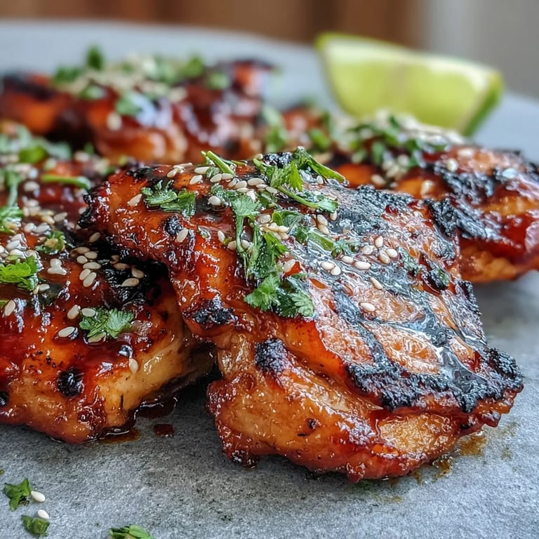 Sweet and spicy honey sriracha marinated chicken thighs, grilled to golden perfection and garnished with lime wedges.