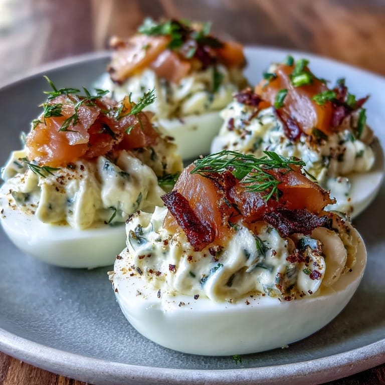 Elegant smoked salmon deviled eggs garnished with everything seasoning and fresh dill—perfect for parties or holiday spreads.