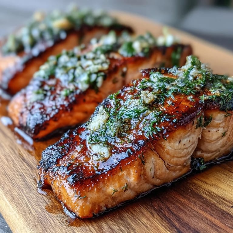 Cedar Plank Salmon with Garlic Dill: Herb-crusted salmon fillets roasted on cedar, finished with bright lemon zest and fresh dill sprigs.