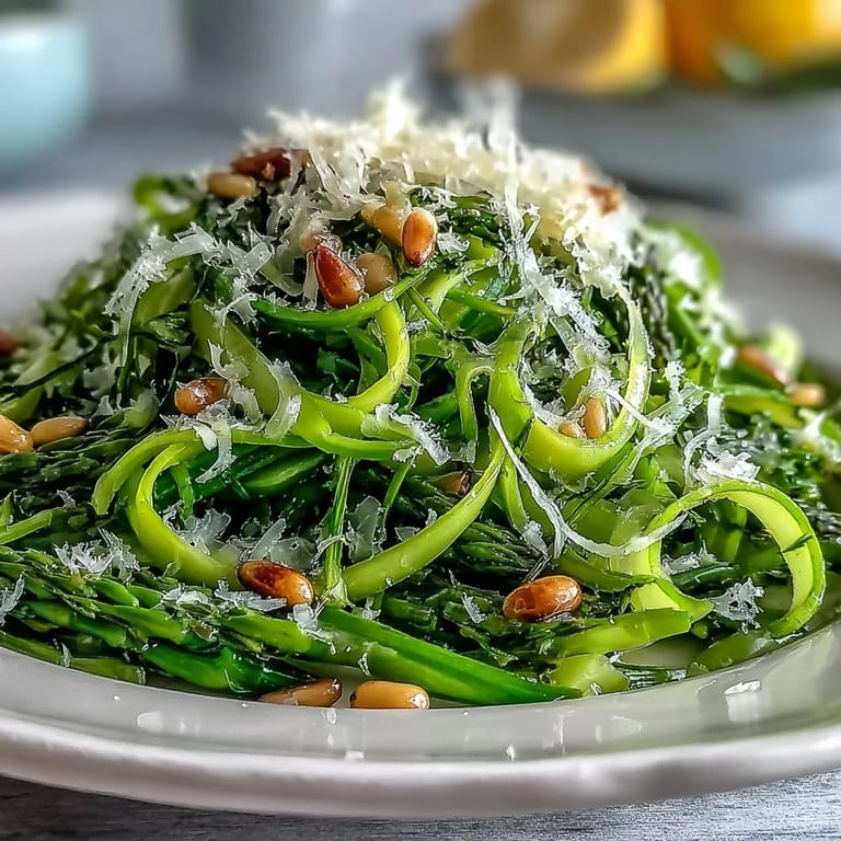 Bright asparagus ribbons tossed in lemon vinaigrette and topped with shaved Parmesan.  