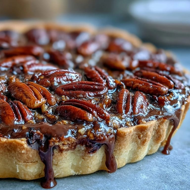 Warm chocolate bourbon pecan tart with crunchy pecans, perfect for dessert.
