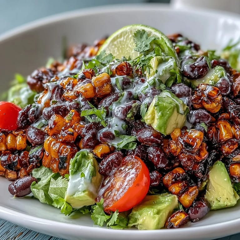 Fresh grilled corn and black bean taco salad bursting with colorful vegetables.