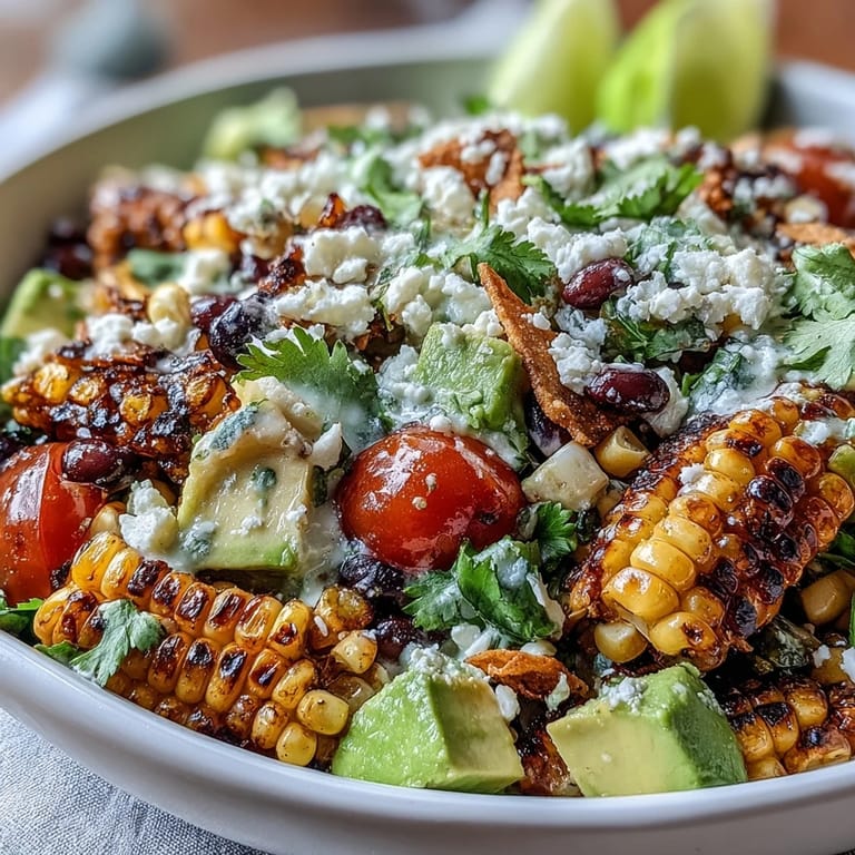 Hearty grilled corn and black bean taco salad topped with crunchy tortilla chips.