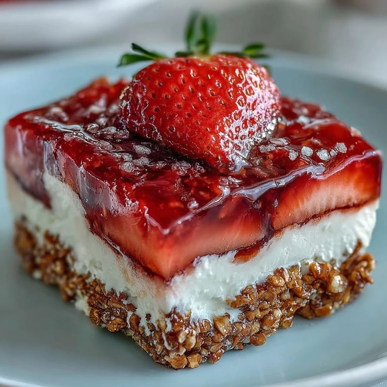 Chilled Memorial Day Strawberry Pretzel Salad Dessert, perfect for a sunny summer picnic.