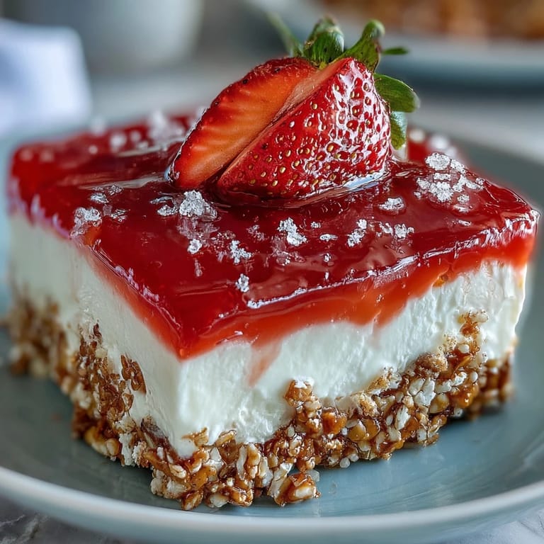 Sweet and salty pretzel salad dessert, topped with fresh strawberries and shimmering gelatin.