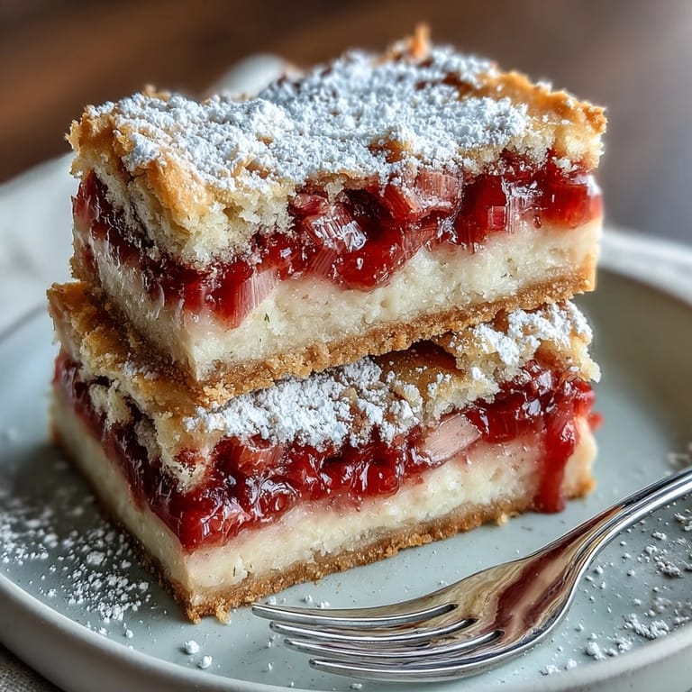 Delicious Rhubarb Custard Bars, showing a vibrant fruit layer and creamy topping.