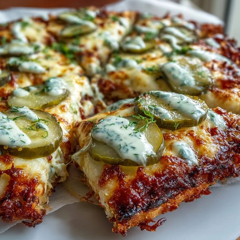 Crispy flatbread, tangy pickles, melted cheese, and ranch drizzle – Pickle Pizza perfection.